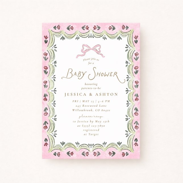 Convite Pink Bow Floral Scalloped Frame Baby Shower  (Criador carregado)