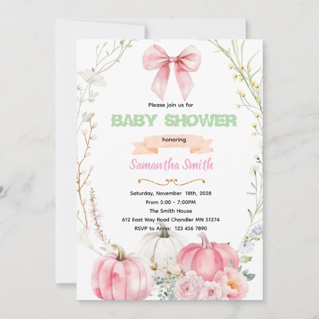 Convite Pink Bow flower pumpkin Invitation (Frente)