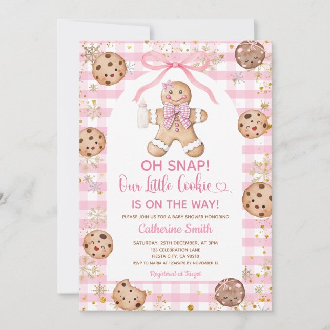 Convite Pink Bow Gingerbread Christmas Baby Shower Gingham (Frente)