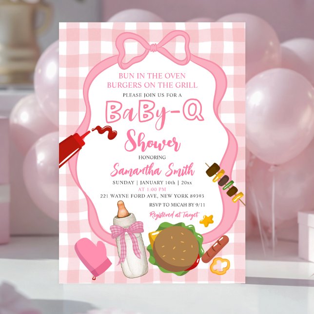 Convite Pink Bow Gingham  Babyq baby shower invitation (Criador carregado)