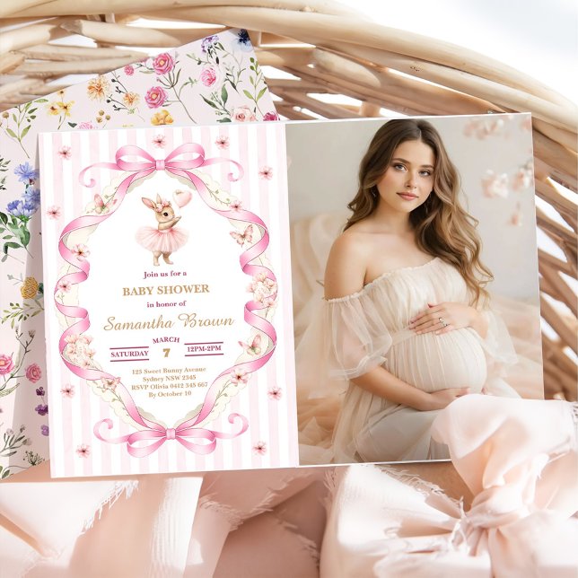 Convite  Pink Bow Gingham Bunny Baby Shower  (Criador carregado)