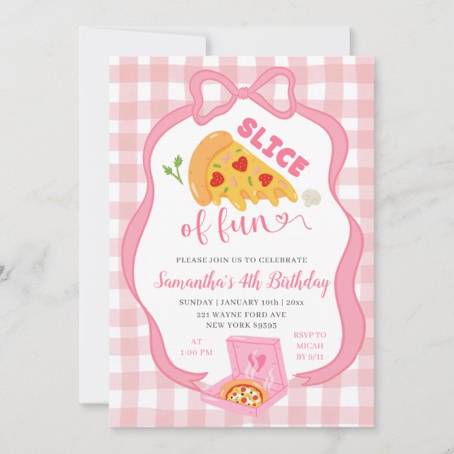 Convite Pink Bow Gingham Slice of Fun pizza birthday  (Frente)