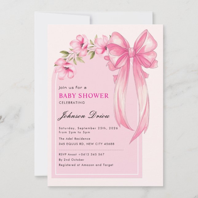 Convite Pink Bow Girl Baby Shower (Frente)