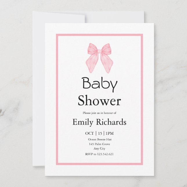 Convite Pink Bow Girl Baby Shower  (Frente)