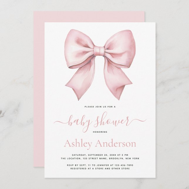 Convite Pink Bow Girl Baby Shower (Frente/Verso)