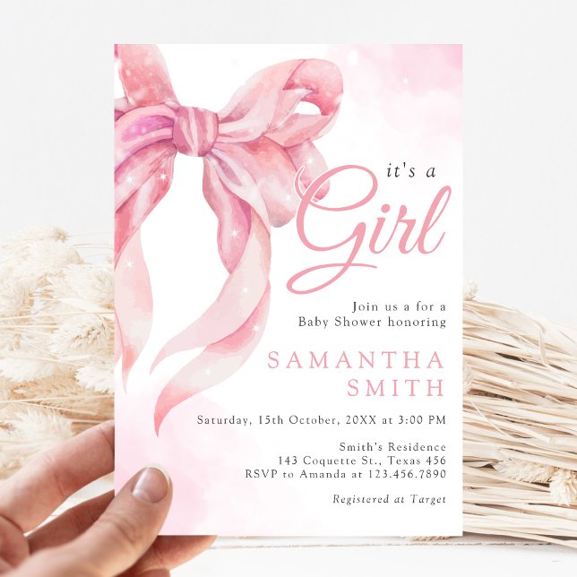 Convite Pink Bow Girl Baby Shower (Pink Bow Coquette Girl Baby Shower Invitation)