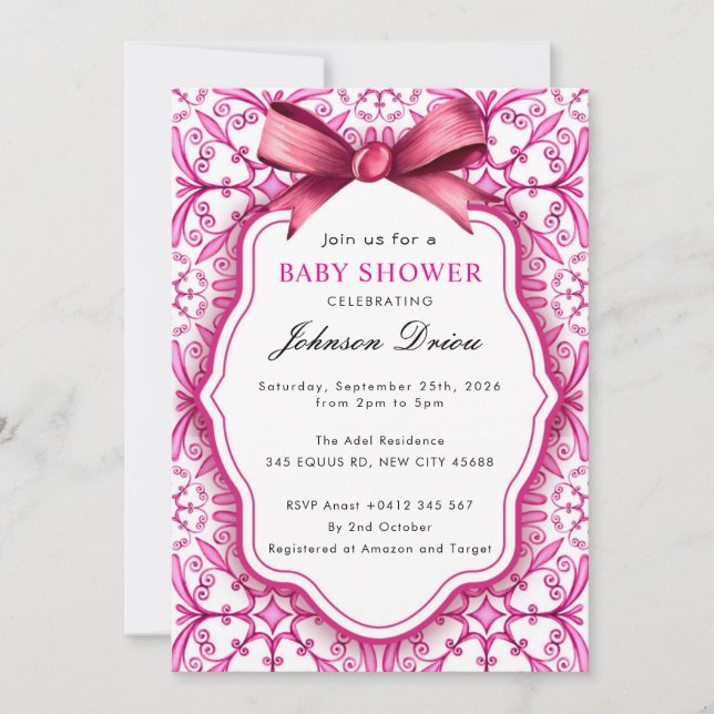 Convite Pink Bow Girl Baby Shower (Frente)
