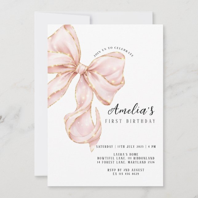 Convite Pink Bow Girl First Birthday  (Frente)