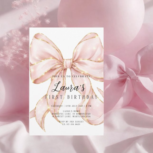 Convite Pink Bow Girl First Birthday  (Criador carregado)
