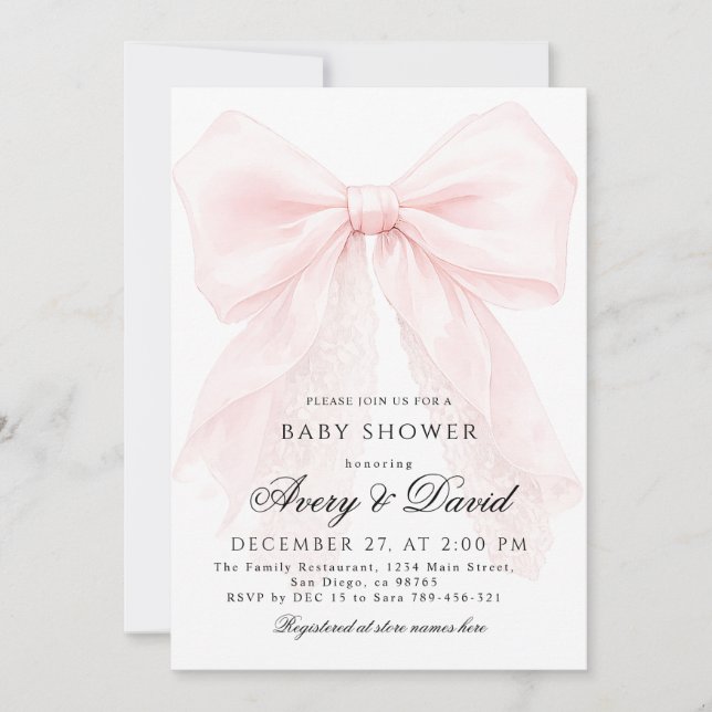 Convite Pink Bow Girl Modern Baby Shower  (Frente)
