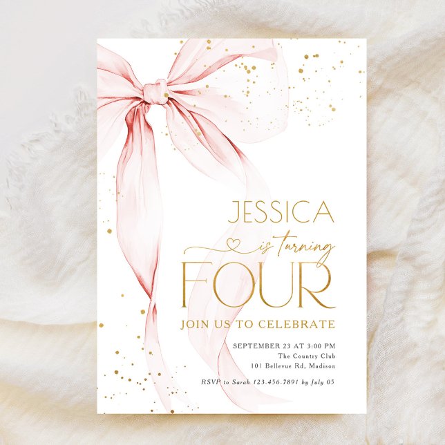 Convite Pink Bow Girls 4th Birthday  (Criador carregado)