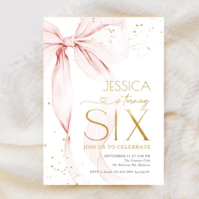 Convite Pink Bow Girls 6th Birthday  (Criador carregado)