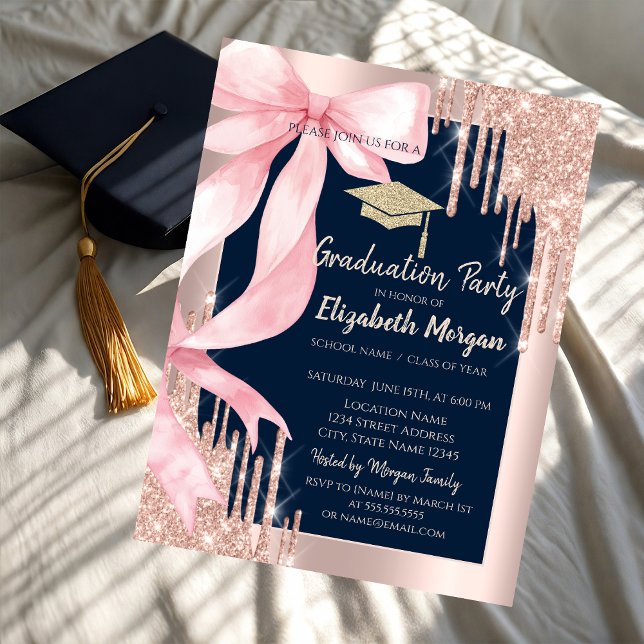 Convite Pink Bow Glitter Grad Cap,Drips Navy Blue   (Criador carregado)