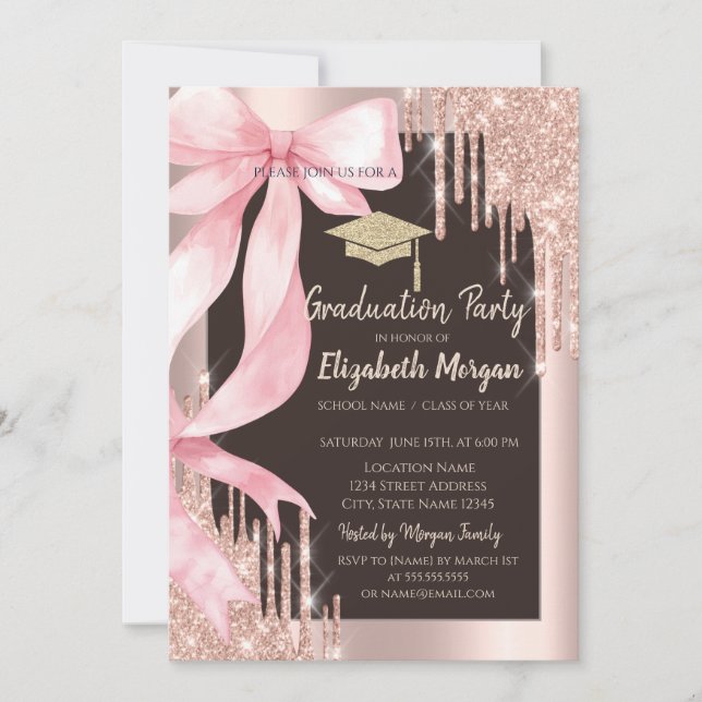 Convite Pink Bow Glitter Grad Cap,Drips Photo Brown  (Frente)