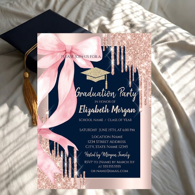 Convite Pink Bow Glitter Grad Cap,Drips Photo Navy Blue   (Criador carregado)
