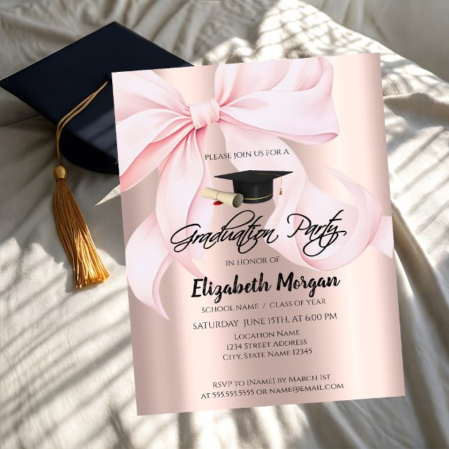 Convite Pink Bow Grad Cap Rose Gold Your Photo Graduation (Criador carregado)