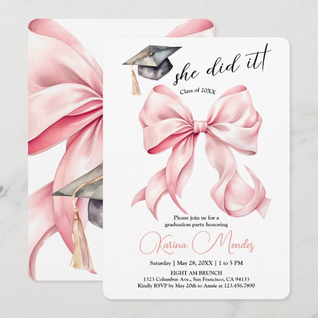 Convite Pink Bow Graduation Invitation She Did it  (Frente/Verso)