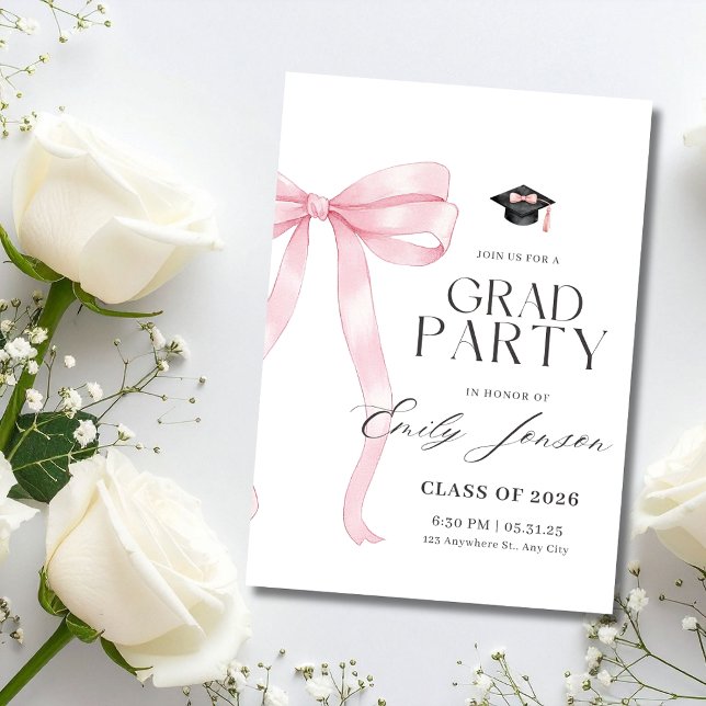 Convite Pink Bow Graduation Party Coquette Modern Graduate (Criador carregado)