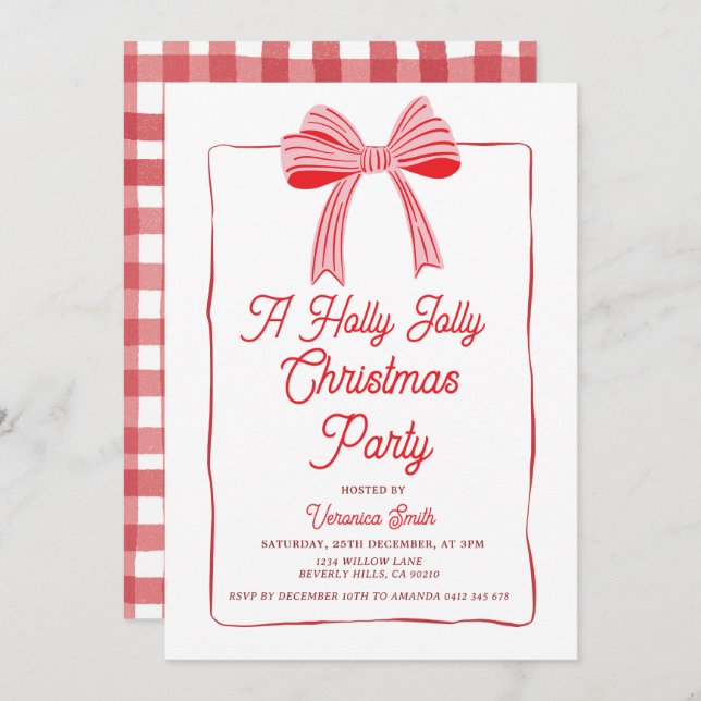 Convite Pink Bow Holly Holiday Party Festive (Frente/Verso)