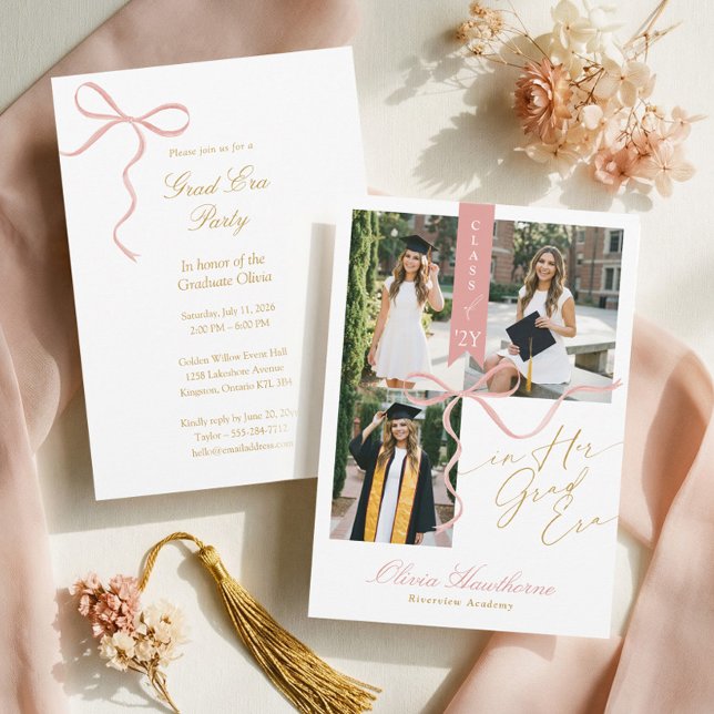 Convite Pink Bow In Her Grad Era Elegant Photo Graduation (Pink Bow In Her Grad Era Elegant Photo Graduation Invitation)