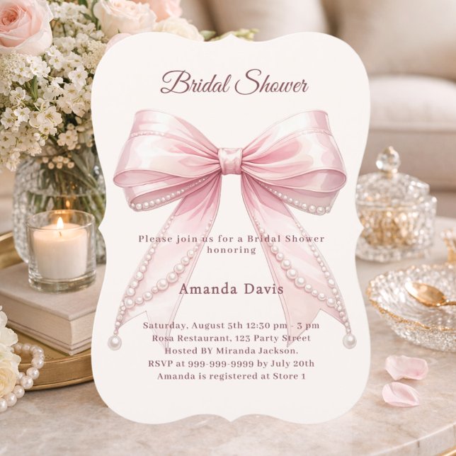 Convite Pink bow ivory pearls elegant Bridal Shower (Criador carregado)