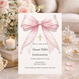 Convite Pink bow ivory pearls girl elegant Confirmation