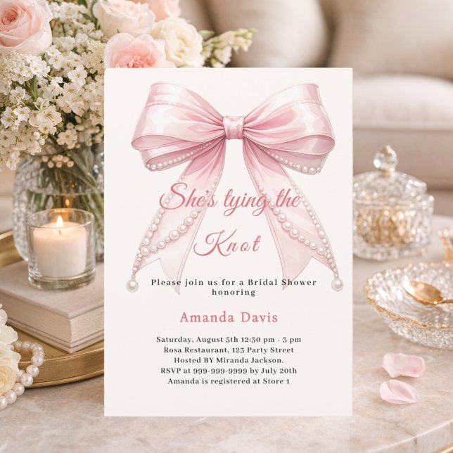 Convite Pink bow ivory pearls tying knot Bridal Shower (Criador carregado)
