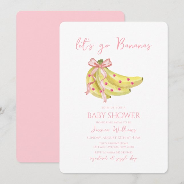 Convite Pink Bow Let's Go Bananas Baby Shower (Frente/Verso)