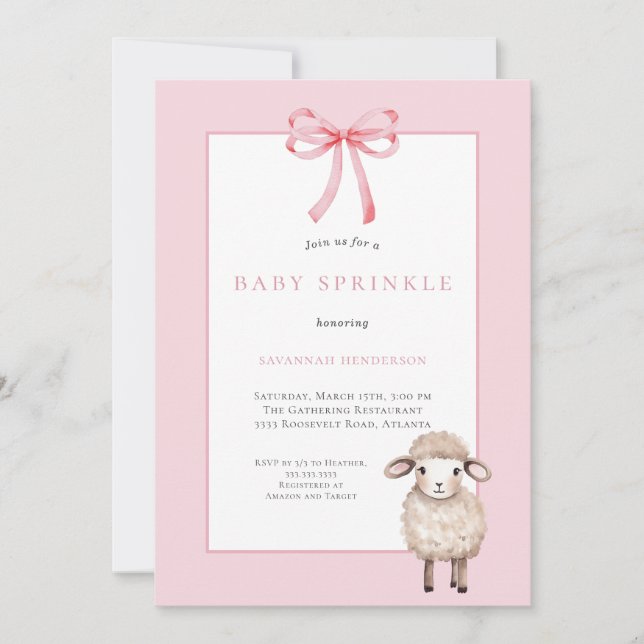 Convite Pink Bow Little Lamb Baby Shower Sprinkle (Frente)