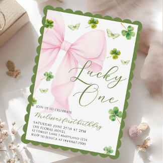 Convite Pink Bow Lucky One Shamrock Clover 1st Birthday