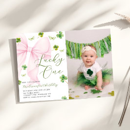 Convite Pink Bow Lucky One Shamrock Clover 1st Birthday   