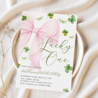 Convite Pink Bow Lucky One Shamrock Clover 1st Birthday