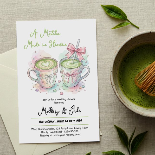 Convite Pink Bow Matcha Made in Heaven Wedding Shower (Available to order professionally printed or as an instant digital download to print or share.)
