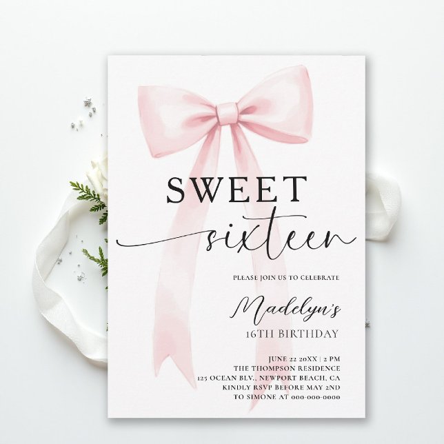 Convite Pink Bow Modern Elegant Simple Chic Sweet 16 (sweet sixteen birthday party invitation pink bold bow simple classy script trendy fashion teen)