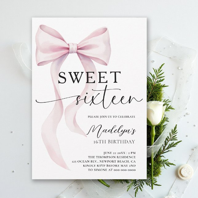 Convite Pink Bow Modern Elegant Simple Classy Sweet 16 (sweet sixteen birthday party invitation pink bow simple classy script trendy fashion teen)