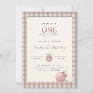 Convite Pink Bow One Silly Duck Baby First Birthday Party