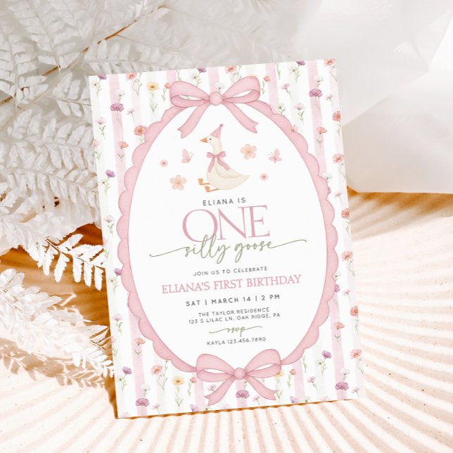 Convite Pink Bow One Silly Goose Floral 1st Birthday (Criador carregado)