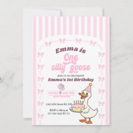 Convite Pink Bow One Silly Goose Girl 1st Birthday Party 