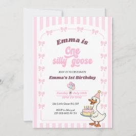Convite Pink Bow One Silly Goose Girl 1st Birthday Party