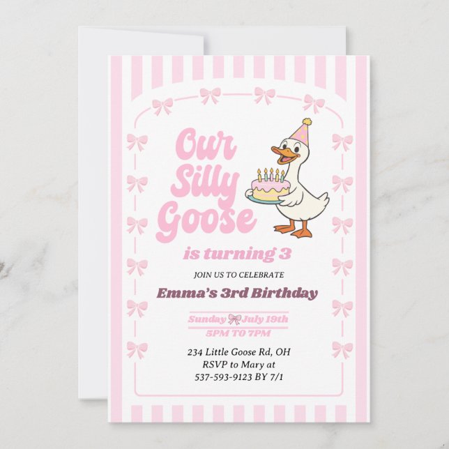 Convite Pink Bow One Silly Goose Girl 3rd Birthday Party (Frente)