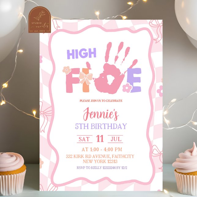 Convite Pink Bow Pastel Retro High Five Party Birthday (Criador carregado)