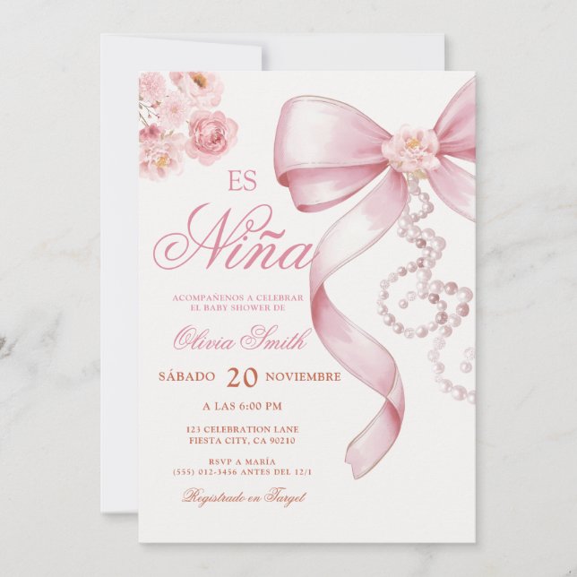 Convite Pink Bow Pearl Floral Es Nina Spanish Baby Shower  (Frente)