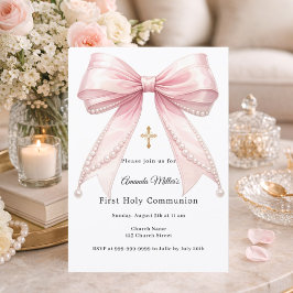 Convite Pink bow pearls girl elegant First Communion