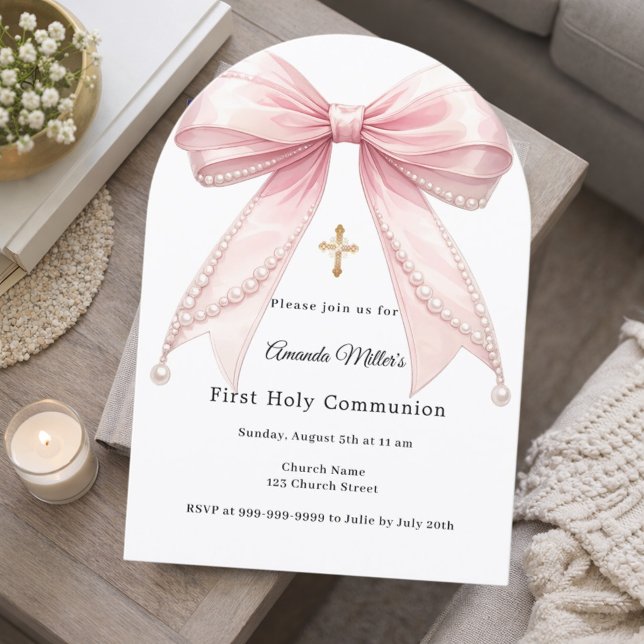 Convite Pink bow pearls girl elegant First Communion Arch (Criador carregado)