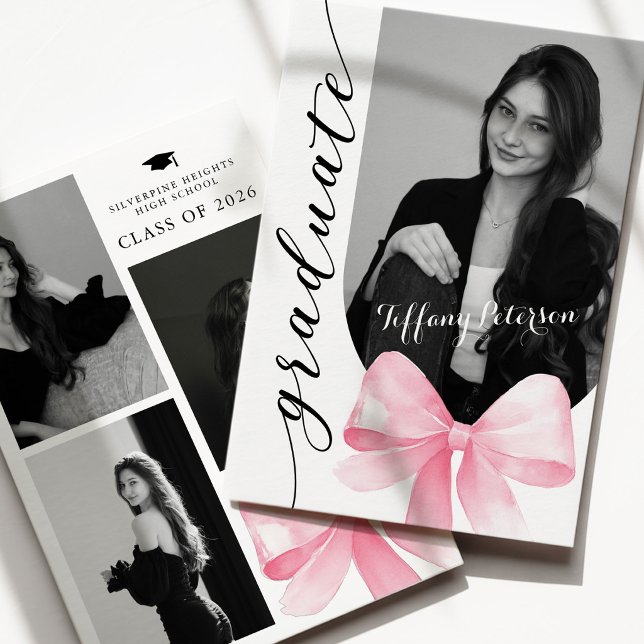 Convite Pink Bow Photo 2026 Graduation Invitation (Criador carregado)