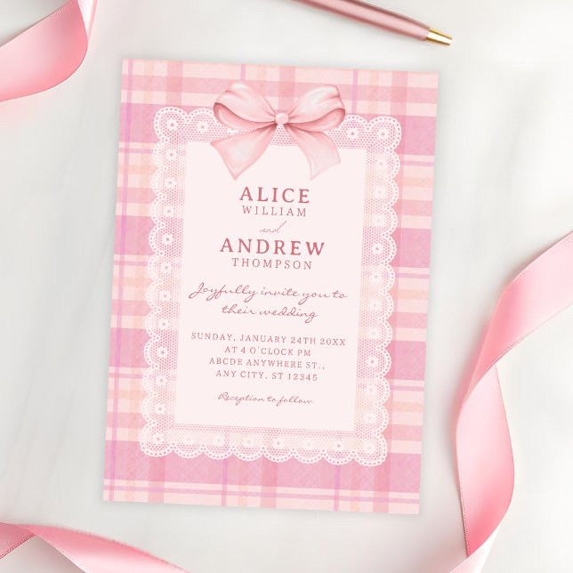 Convite Pink bow plaid wedding (Criador carregado)