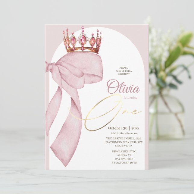 Convite Pink Bow Princesa 1º Aniversário  (Em pé/Frente)