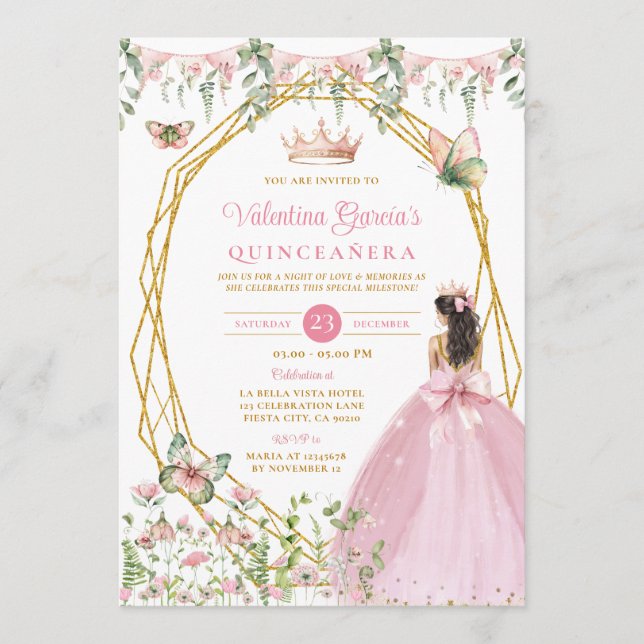 Convite Pink Bow Princess Quinceañera Butterfly Garden (Frente)