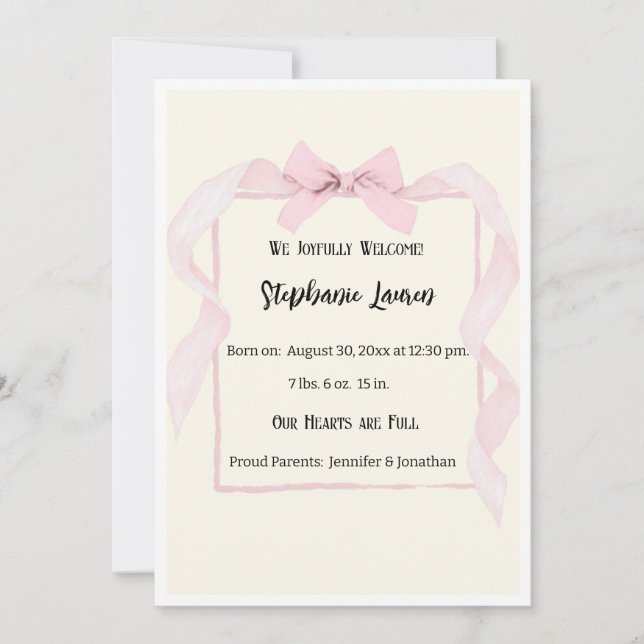 Convite Pink Bow Ribbon Baby Birth Announcement Photo (Frente)