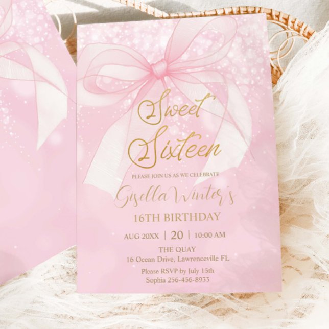 Convite Pink Bow Ribbon Coquette Sweet 16 Sixteen Birthday (Criador carregado)